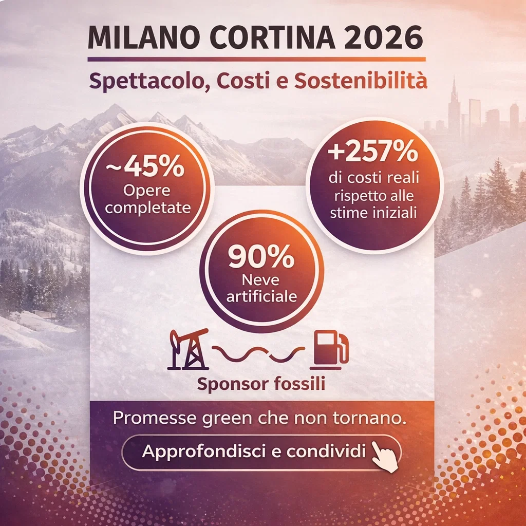 Infografica Milano Cortina 2026: ~45% opere completate, +257% costi reali rispetto alle stime iniziali, 90% neve artificiale, sponsor fossili. Promesse green che non tornano.